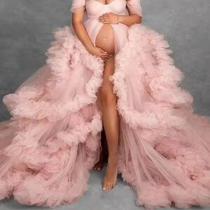 Pink Ruffled Tulle Maxi Maternity Gown